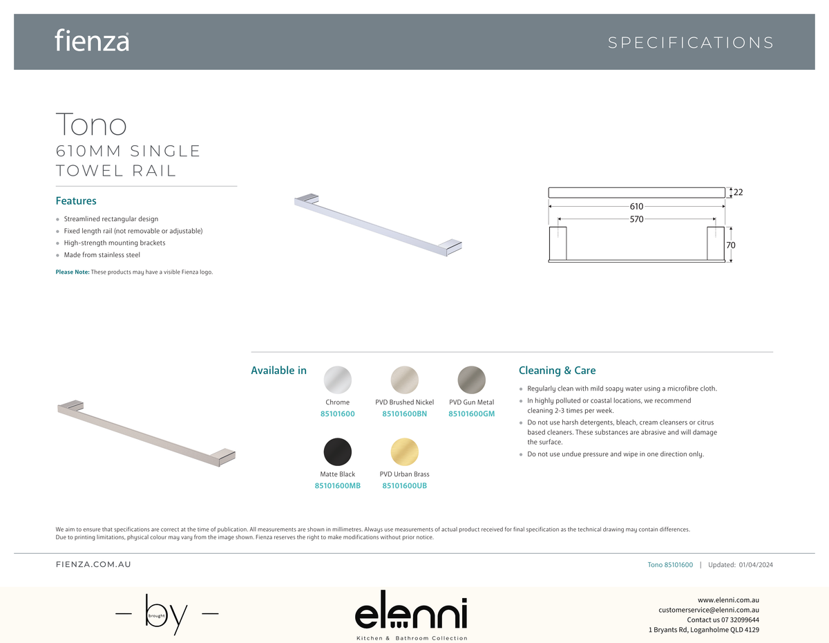 Tono Single Towel Rail, 610 mm - Spec sheet