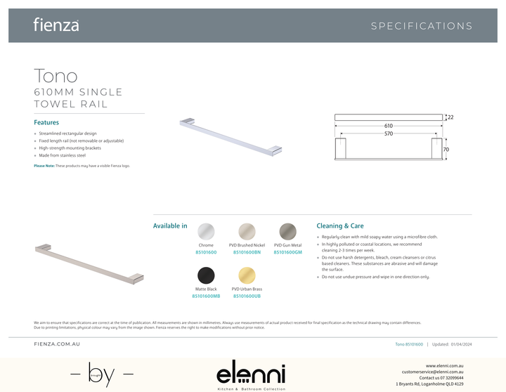 Tono Single Towel Rail, 610 mm - Spec sheet