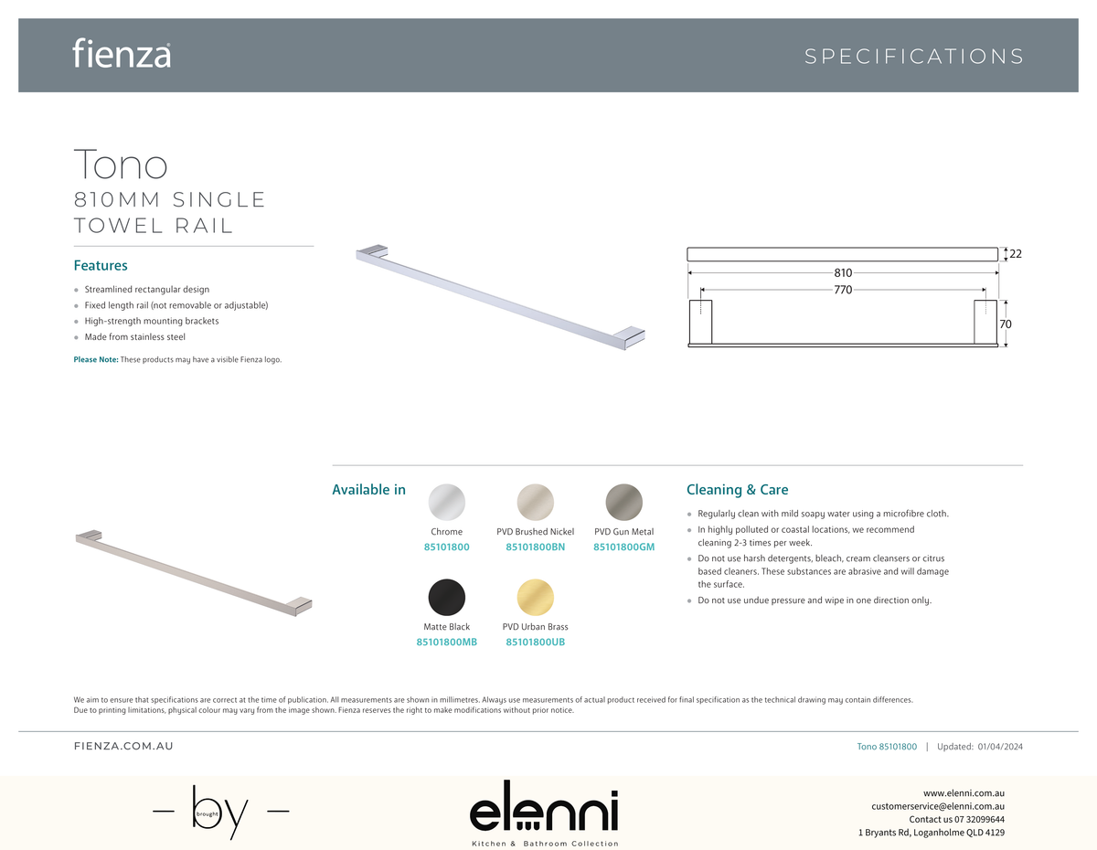 Tono Single Towel Rail, 810 mm - Spec sheet