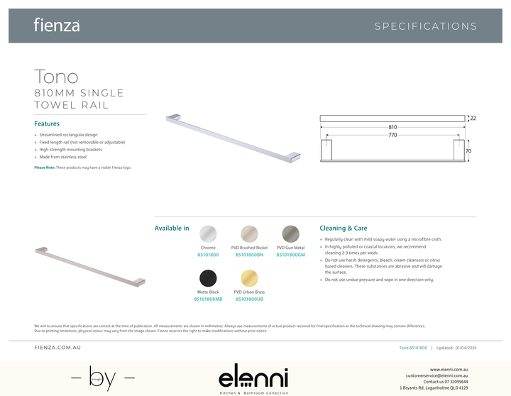 Tono Single Towel Rail, 810 mm - Spec sheet