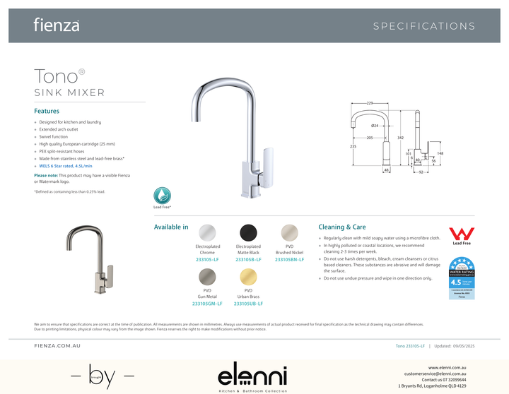 Tono Sink Mixer - Spec sheet