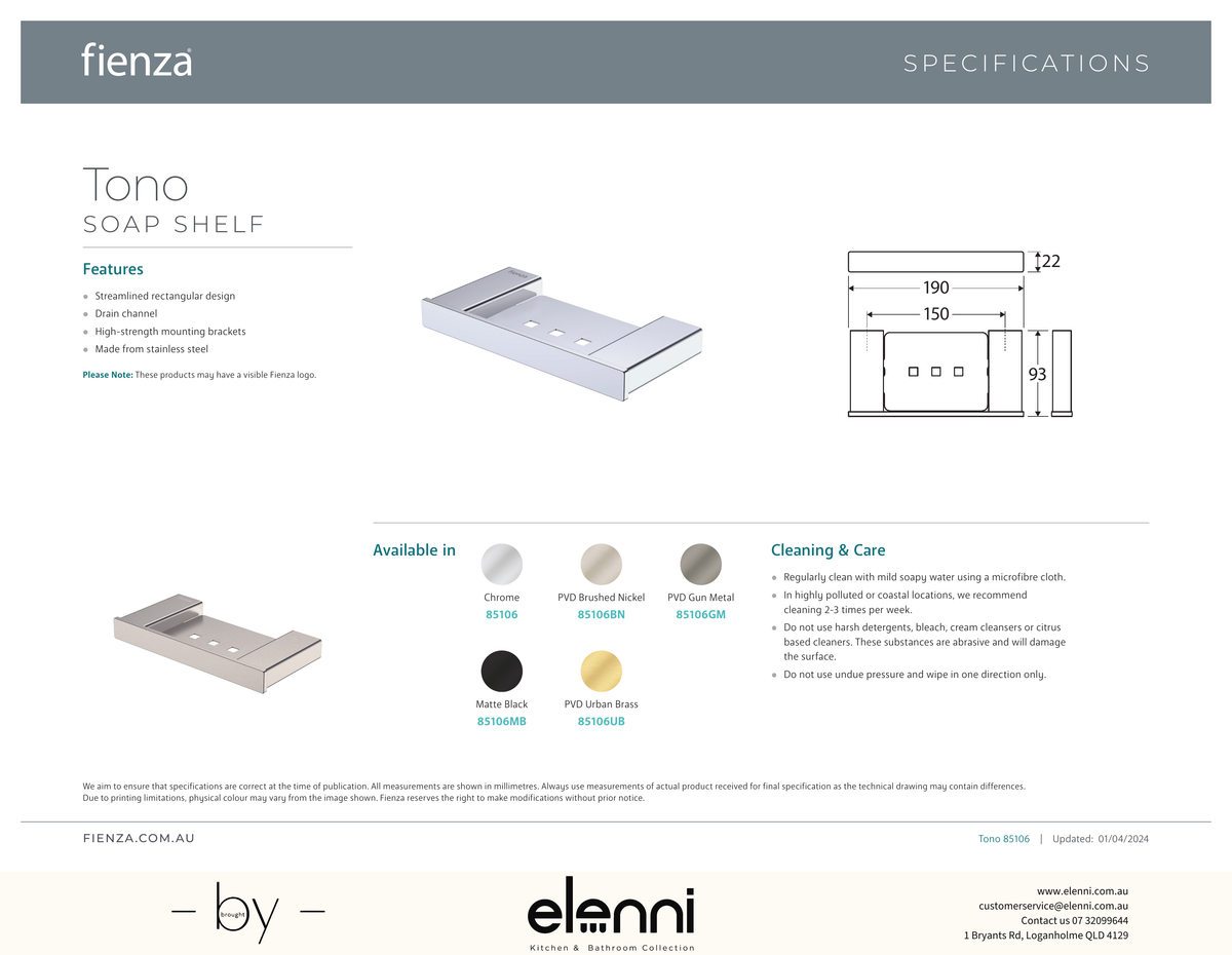 Tono Soap Shelf - Spec sheet