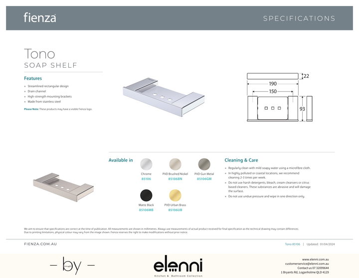 Tono Soap Shelf - Spec sheet