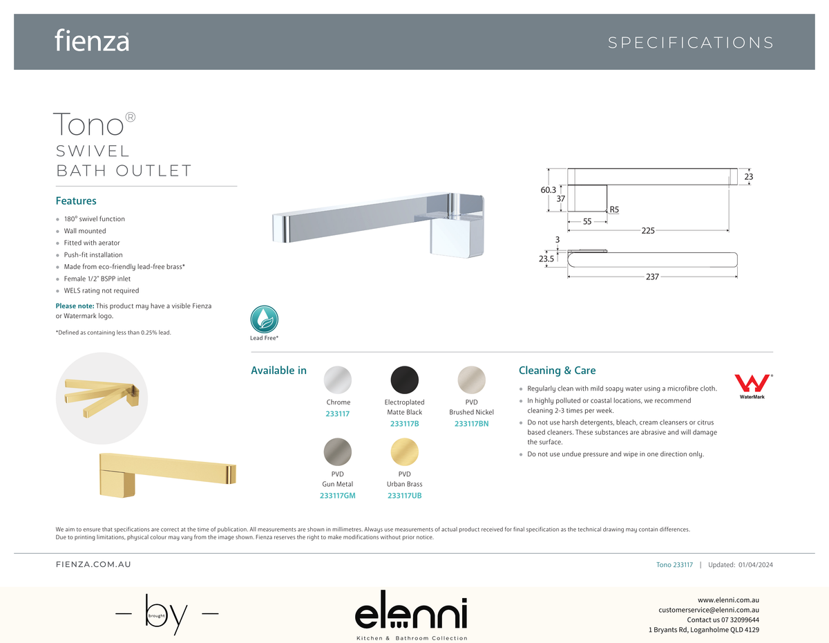 Tono Swivel Bath Outlet - Spec sheet