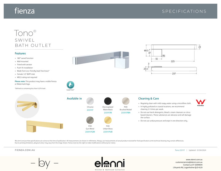Tono Swivel Bath Outlet - Spec sheet
