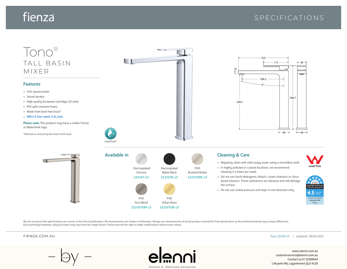 Tono Tall Basin Mixer - Spec sheet