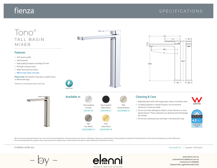 Tono Tall Basin Mixer - Spec sheet
