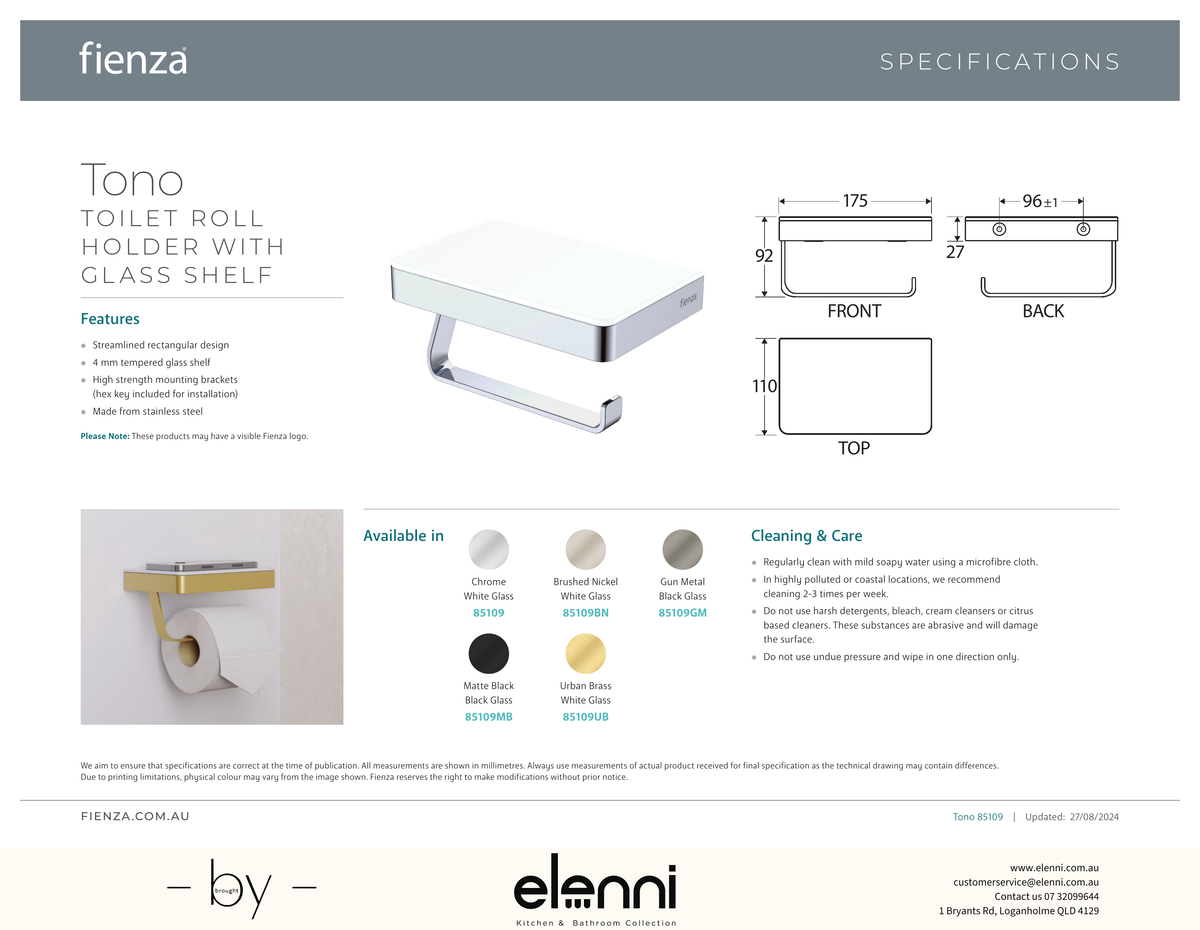 Tono Toilet Roll Holder with Glass Shelf - Spec sheet
