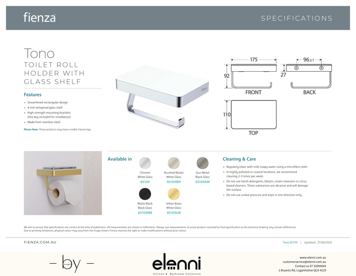Tono Toilet Roll Holder with Glass Shelf - Spec sheet