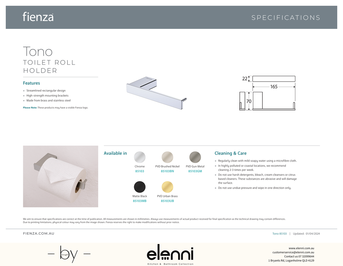 Tono Toilet Roll Holder - Spec sheet