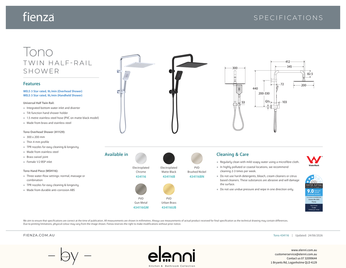 Tono Twin Half-Rail Shower - Spec sheet