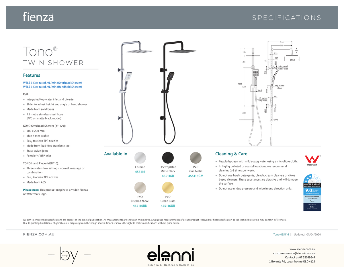 Tono Twin Shower - Spec sheet