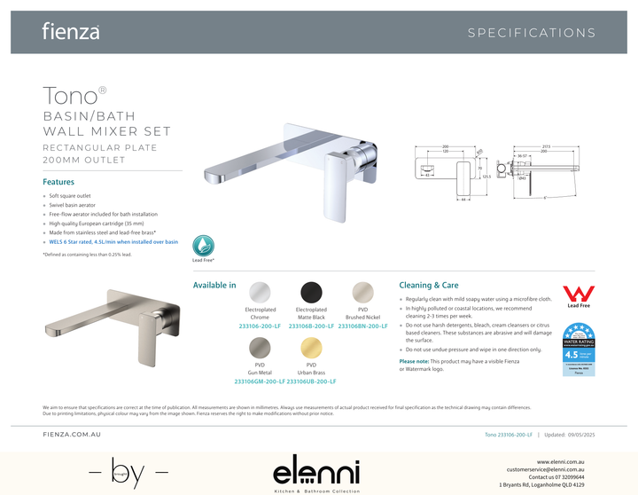 Tono Wall Basin/Bath Mixer Set Dress Kit, Rectangular Plate, 200mm Outlet - Trim Kit Only - Spec sheet