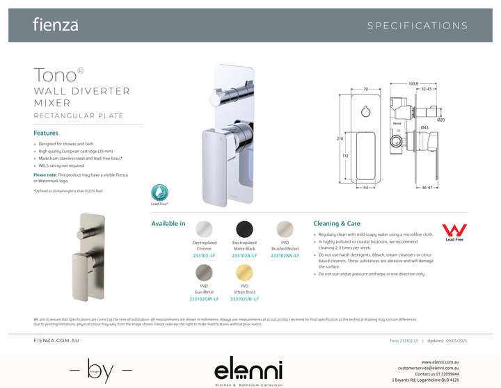 Tono Wall Diverter Mixer Dress Kit, Rectangular Plate - Trim Kit Only - Spec sheet
