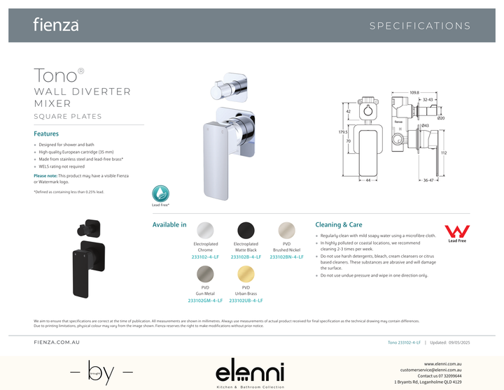 Tono Wall Diverter Mixer Dress Kit, Square Plates - Trim Kit Only - Spec sheet