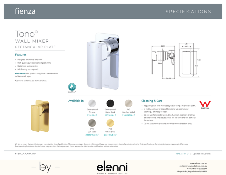 Tono Wall Mixer Dress Kit, Rectangular Plate - Trim Kit Only - Spec sheet