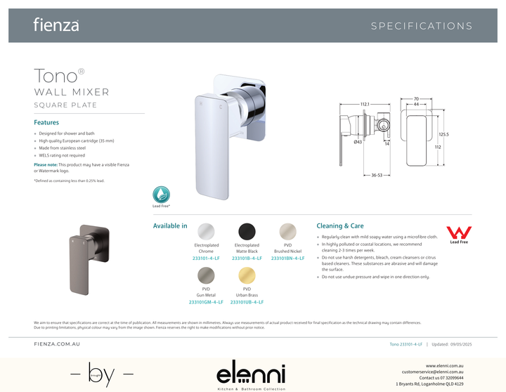 Tono Wall Mixer Dress Kit, Square Plate - Trim Kit Only - Spec sheet