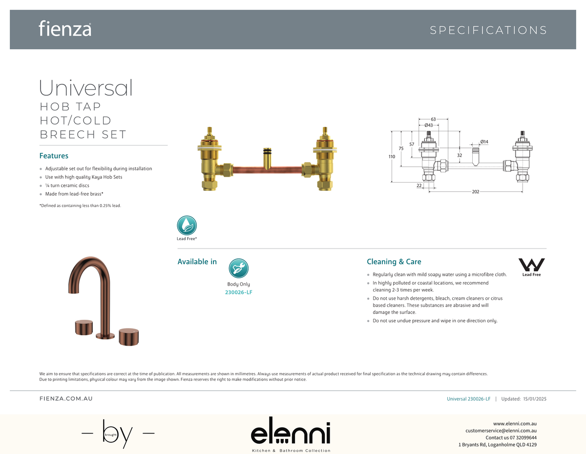 Universal Hob Tap Hot/Cold Breech Set - Spec sheet