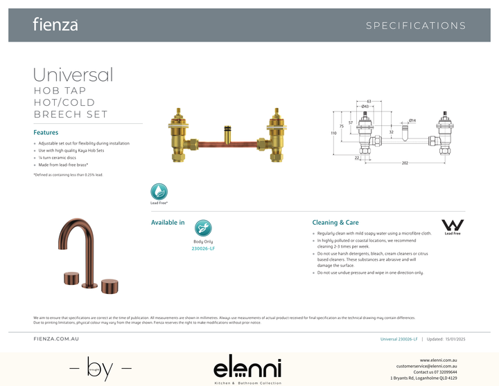 Universal Hob Tap Hot/Cold Breech Set - Spec sheet