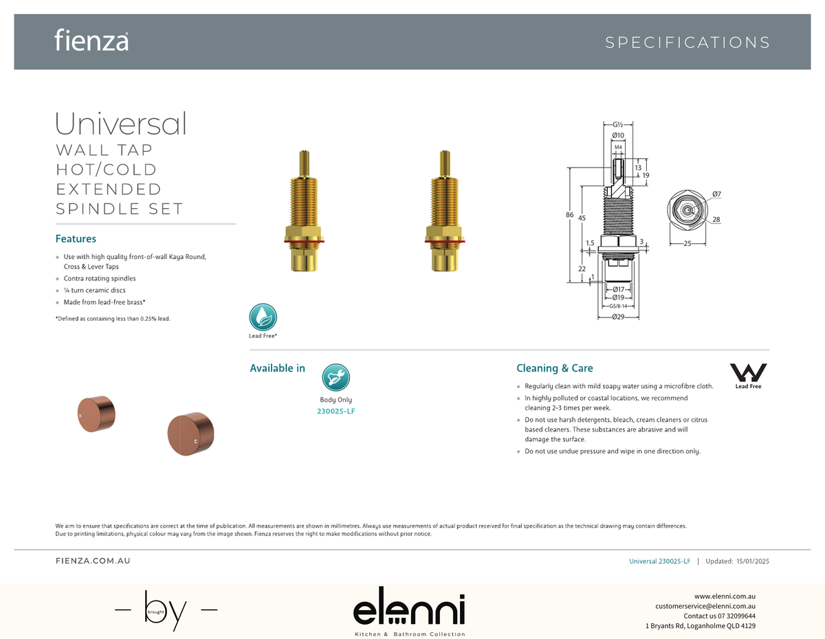 Universal Wall Tap Hot/Cold Extended Spindle Set - Spec sheet