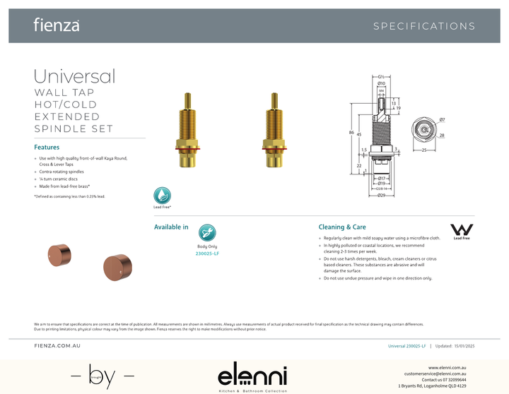 Universal Wall Tap Hot/Cold Extended Spindle Set - Spec sheet