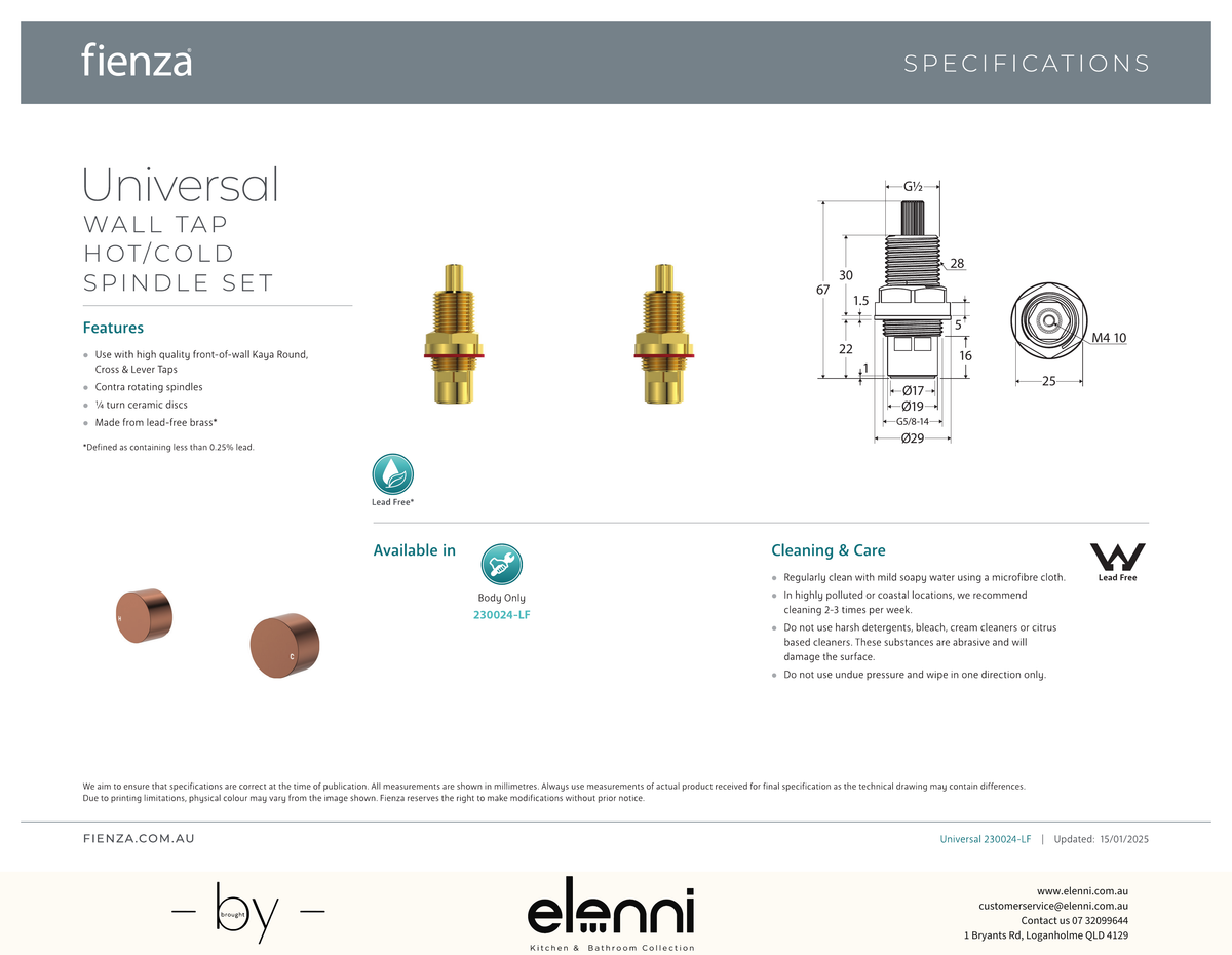 Universal Wall Tap Hot/Cold Spindle Set - Spec sheet
