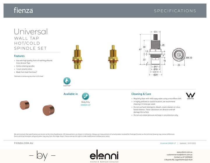 Universal Wall Tap Hot/Cold Spindle Set - Spec sheet