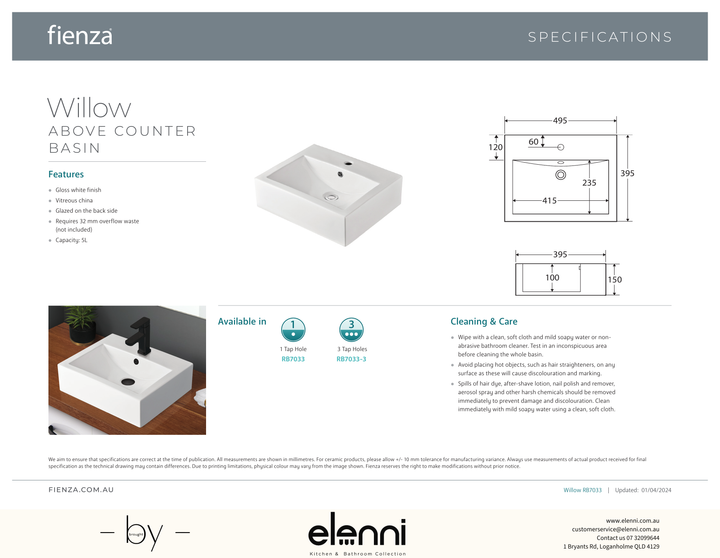 Willow Above Counter Basin - Elenni specification drawing