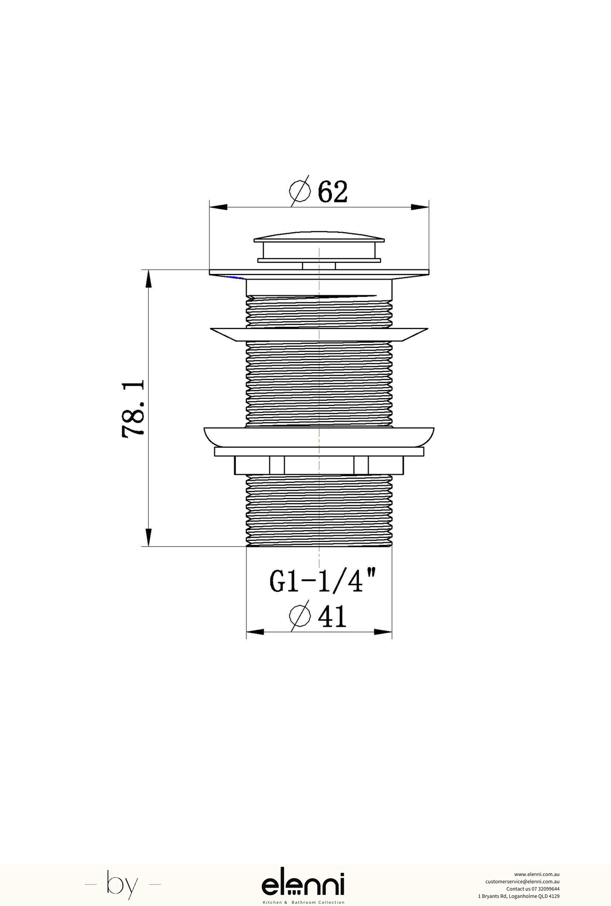 Pop Up Waste 32mm Non-Overflow - Elenni Kiri specification drawing