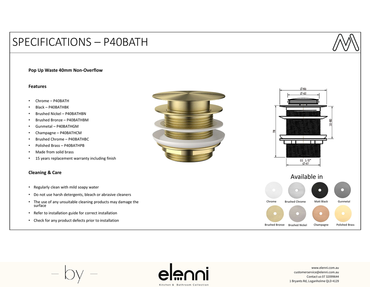 Pop-Up Waste 40mm For Bath - Elenni Kiri specification drawing