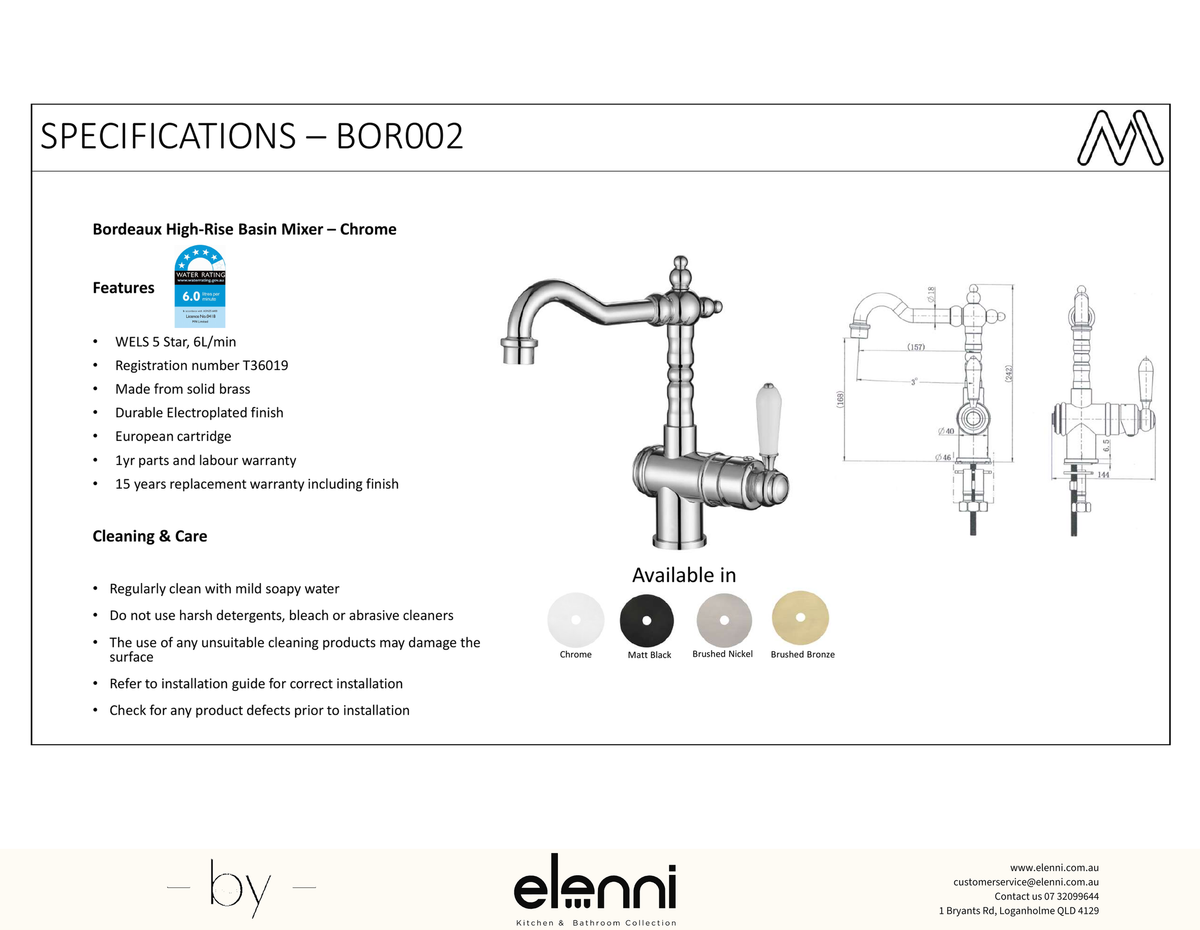 Bordeaux High Rise Basin Mixer - Elenni Kiri specification drawing
