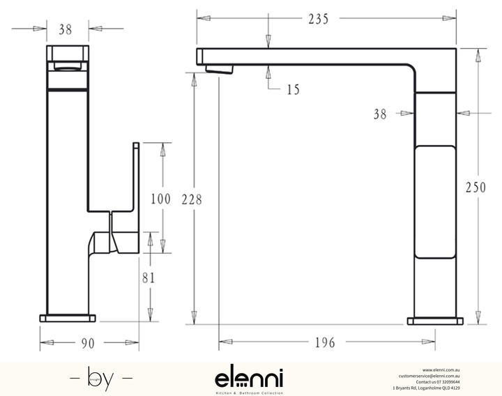 Ceram Sink Mixer Lux - Elenni specification drawing