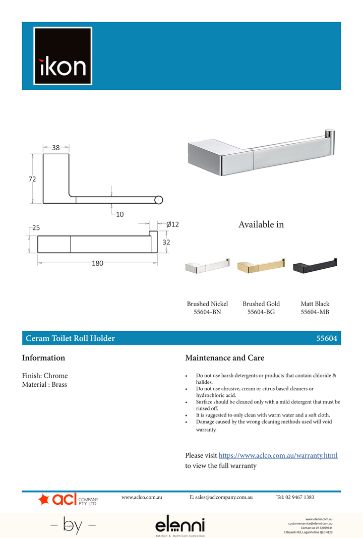 Ceram Toilet Roll Holder - Elenni specification drawing