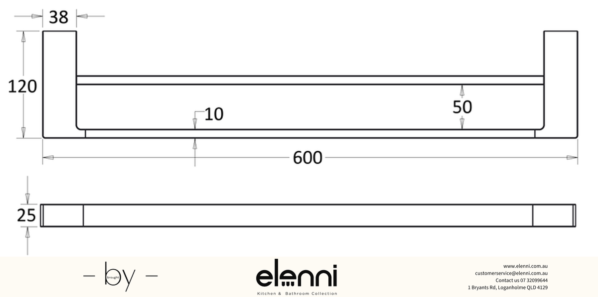 Ceram Towel Rail Double 600mm - Elenni specification drawing