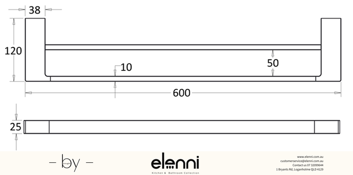 Ceram Towel Rail Double 600mm - Elenni specification drawing
