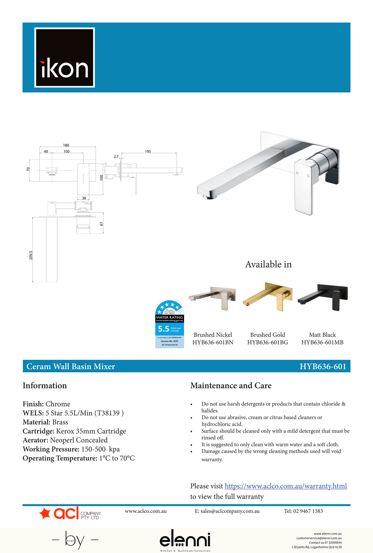 Ceram Wall Basin Mixer - Elenni specification drawing