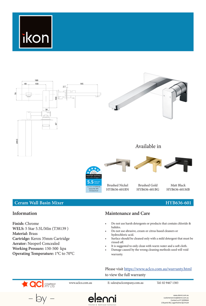 Ceram Wall Basin Mixer - Elenni specification drawing