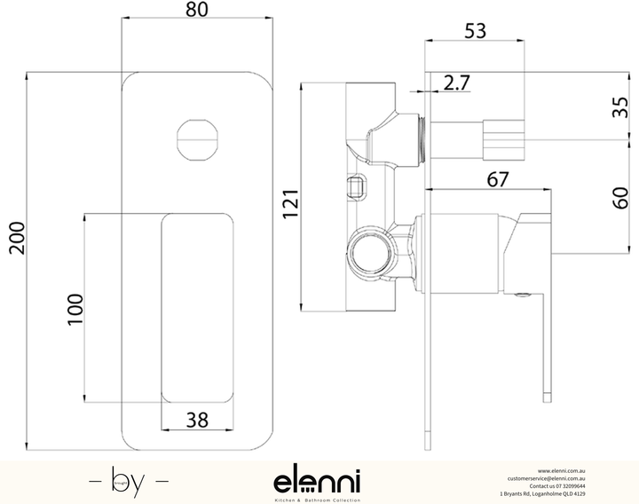 Ceram Wall Mixer Diverter - Elenni specification drawing