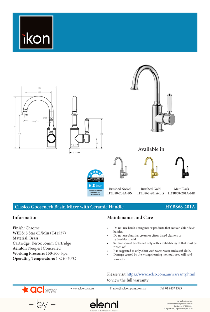 Clasico Basin Mixer Gooseneck / Ceramic Handle - Elenni specification drawing
