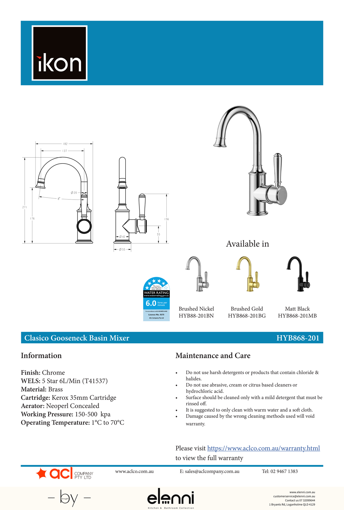 Clasico Basin Mixer Gooseneck - Elenni specification drawing