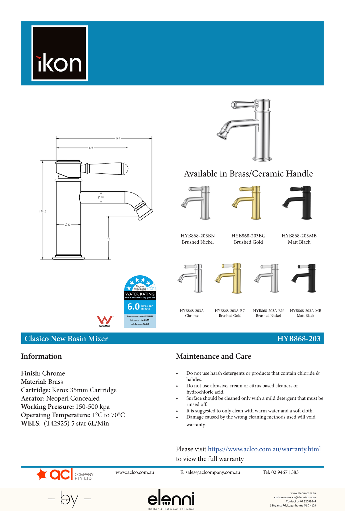 Clasico Basin Mixer - Elenni specification drawing