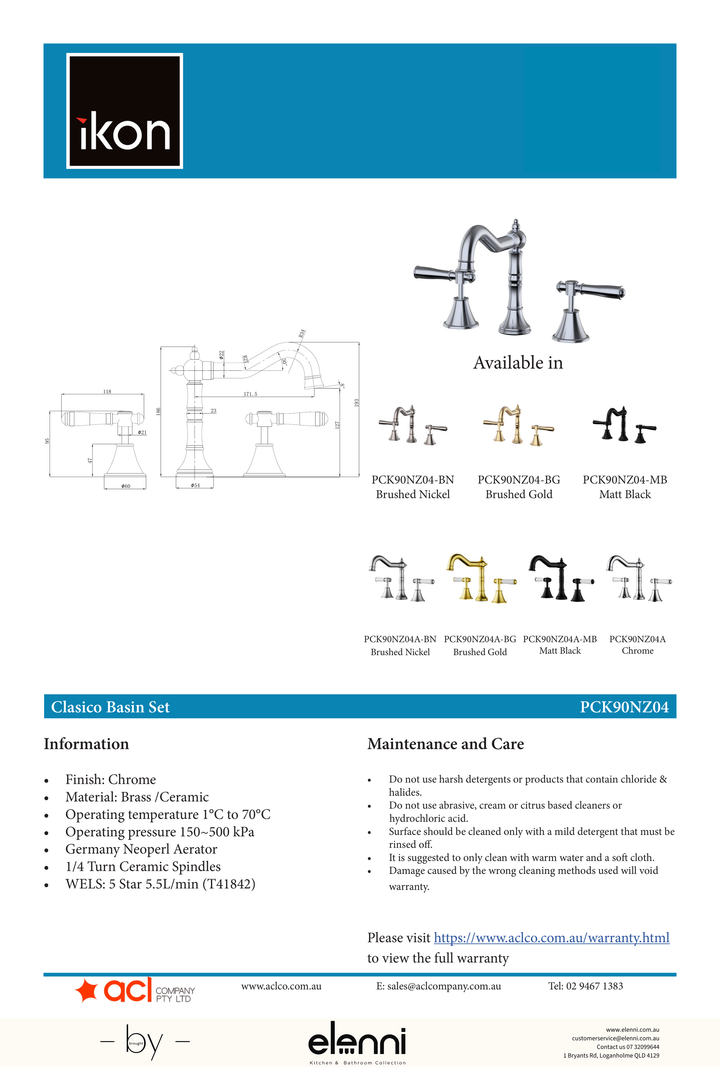 Clasico Basin Tap Set / Ceramic Handle - Elenni specification drawing