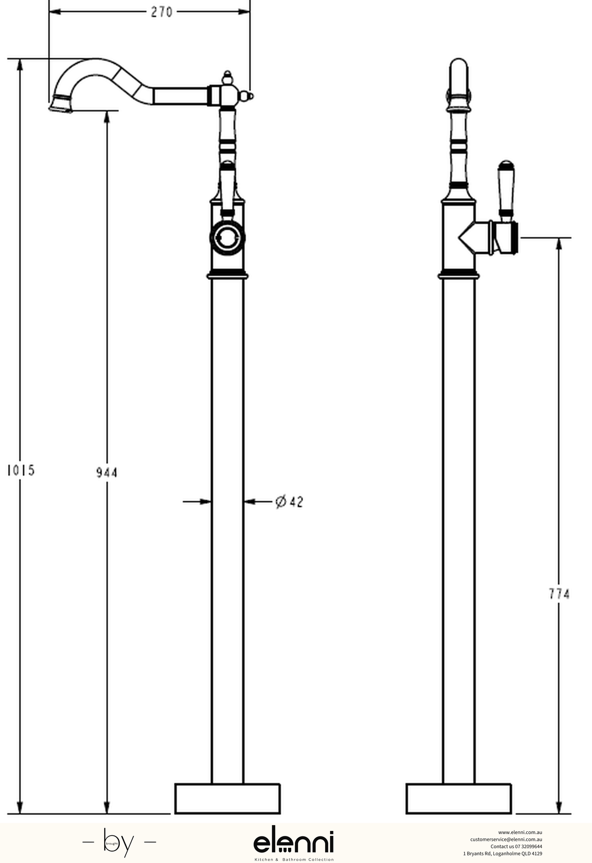 Clasico Bath Mixer Freestanding - Elenni specification drawing