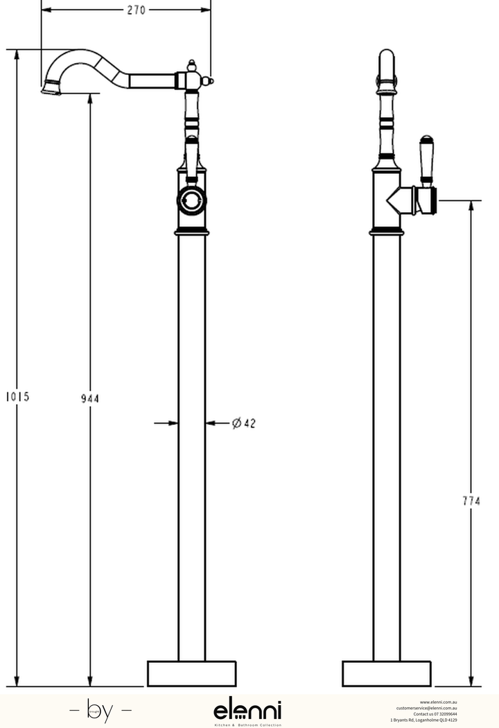 Clasico Bath Mixer Freestanding - Elenni specification drawing