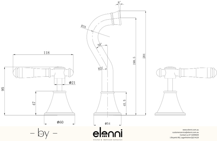 Clasico Bath Tap Set / Ceramic Handle - Elenni specification drawing