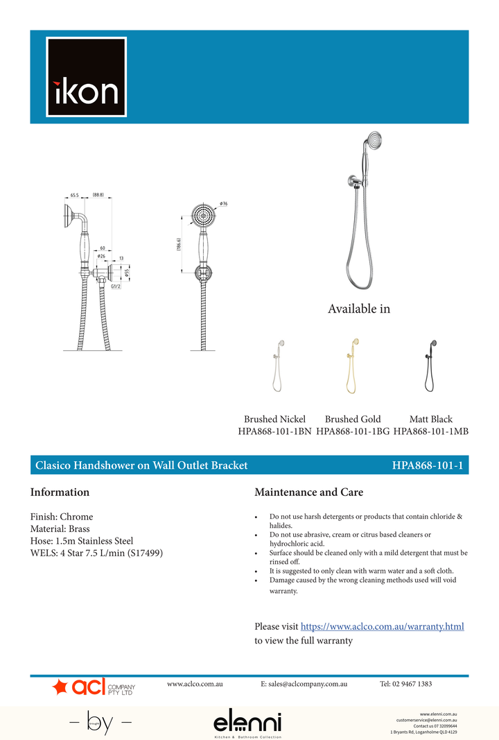 Clasico Hand Shower - Elenni specification drawing