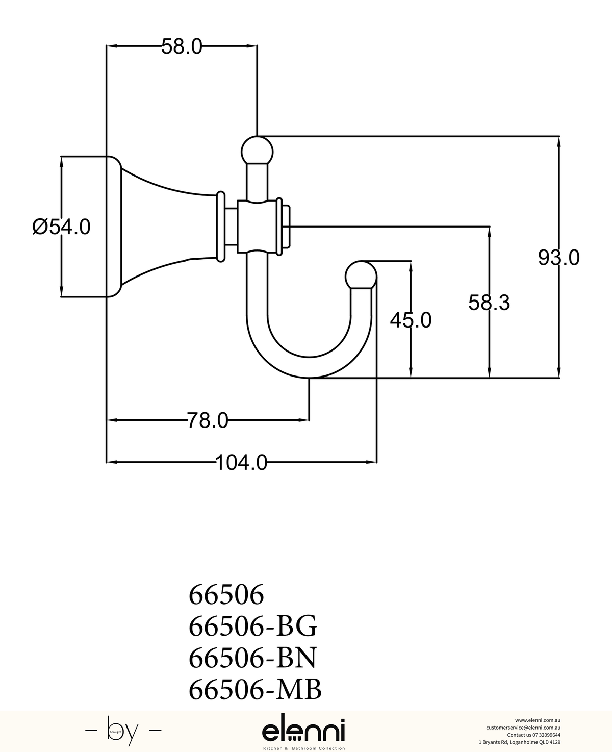 Clasico Robe Hook - Elenni specification drawing