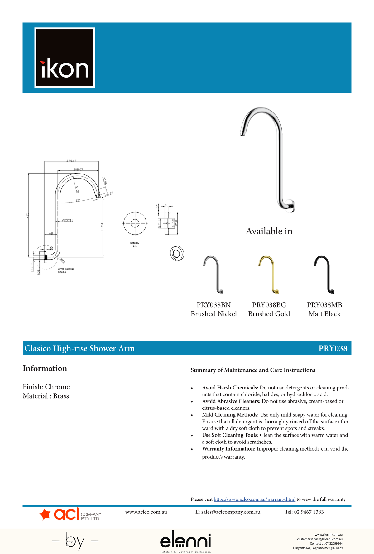 Clasico Shower Arm High Rise - Elenni specification drawing