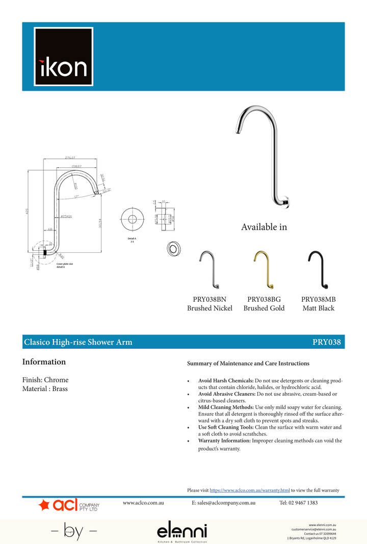 Clasico Shower Arm High Rise - Elenni specification drawing