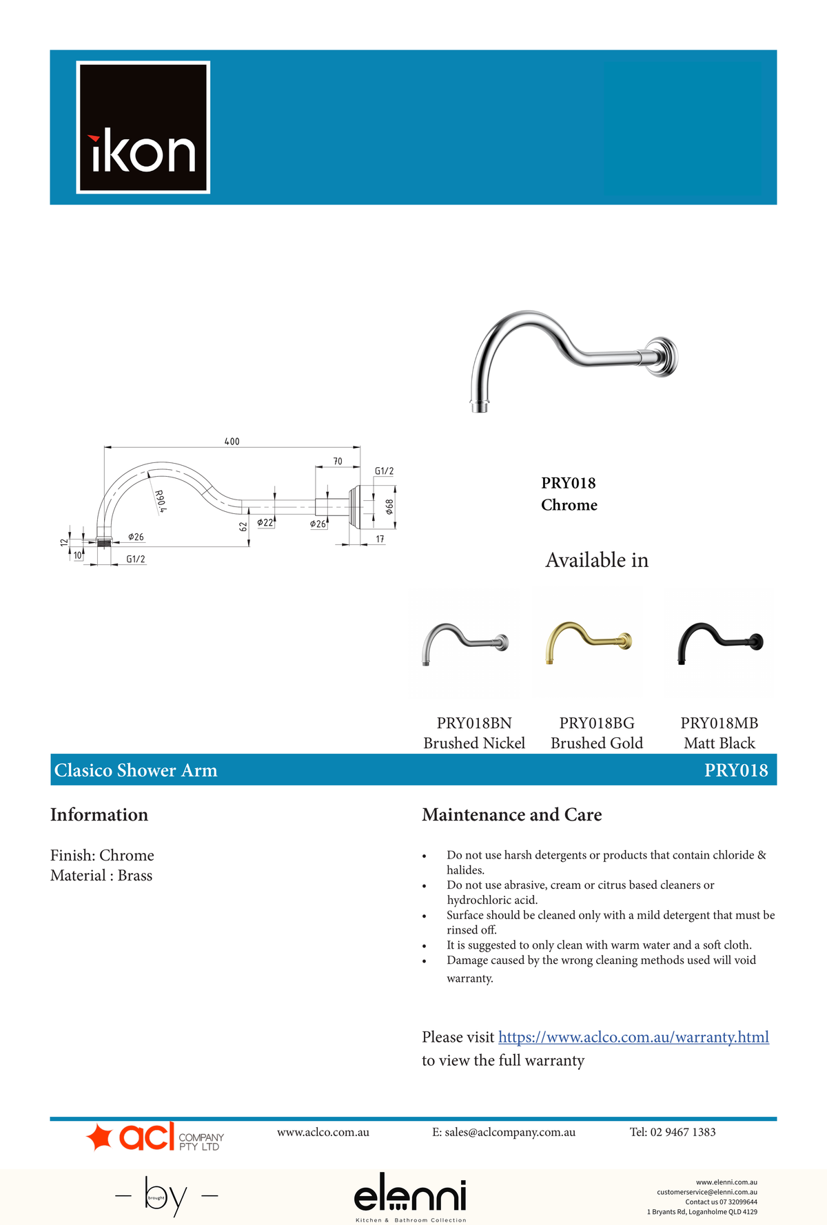 Clasico Shower Arm Horizontal 400mm - Elenni specification drawing